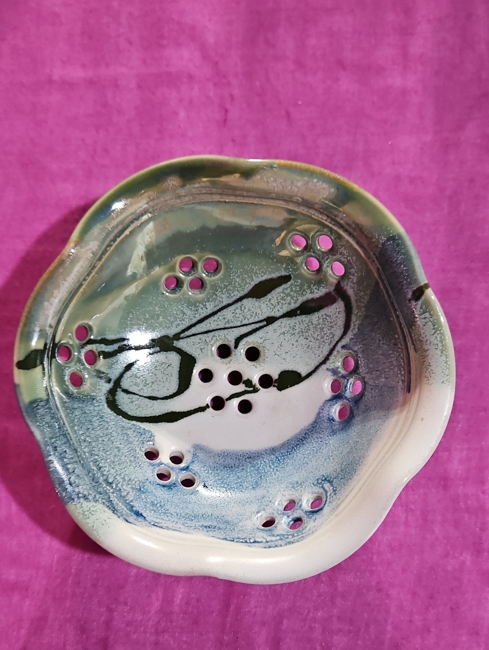 Artisan Crafted/Signed Ceramic Berry Strainer/Colander in Cream, Green and Blue